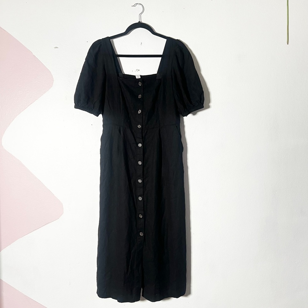 Old Navy Midi Dress Medium Black Linen Puff Sleeve Cottagecore Milkmaid